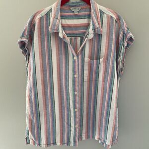 Orvis Multicolor Striped Linen Rayon Short Sleeve Button-Up Shirt Large